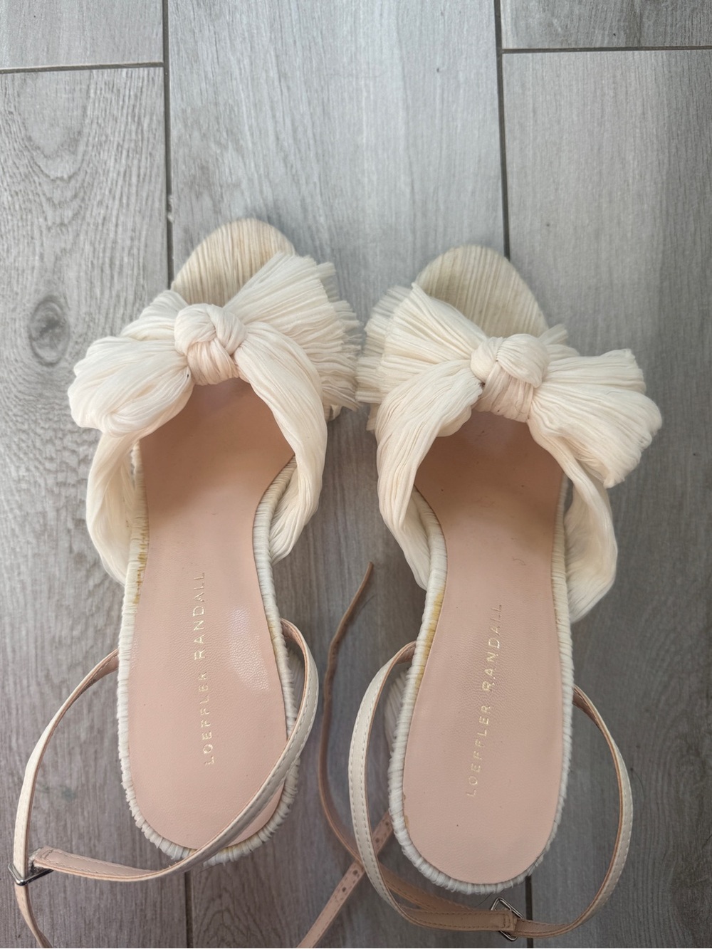 Loeffler Randall Dahlia Pearl Pleated Bow Heels Sandals Ivory Size 9